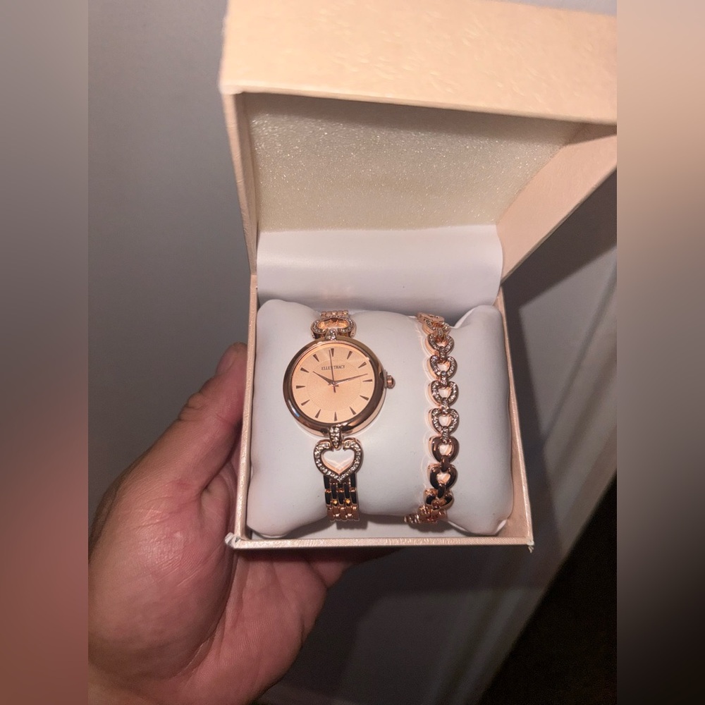 Ellen Tracy Rose Gold Women's Watch and Bracelet Set